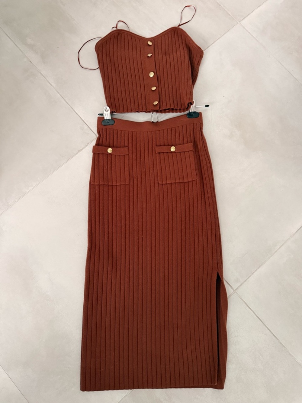 Ribbed Maxi Skirt and strapless top set in Rust